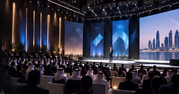 Conference concept showing a stage and seated audience