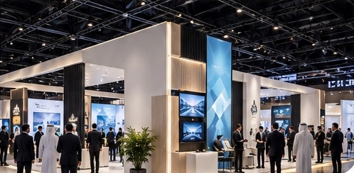 Contemporary exhibition stand with architectural lighting and visitors