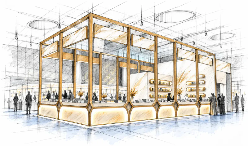 Concept sketch of the Roza Publishing House exhibition stand at Doha International Book Fair 2026