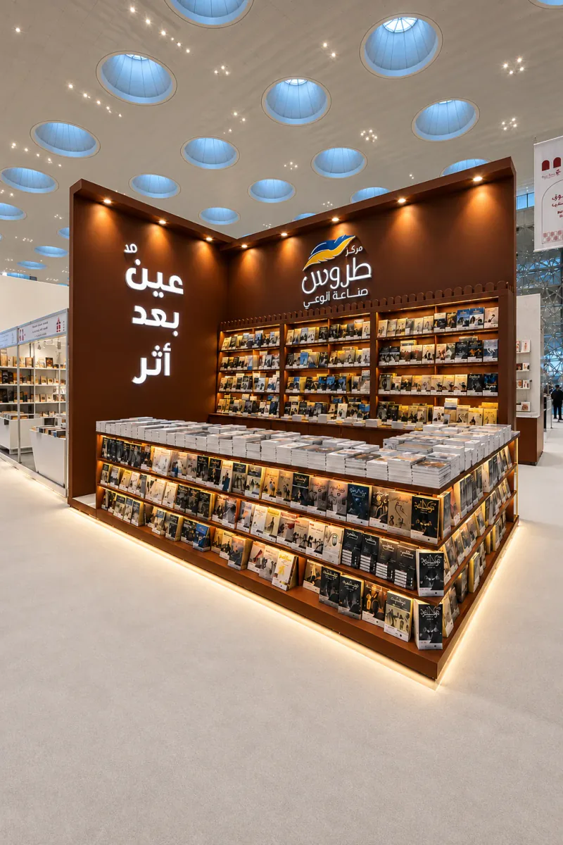 Photograph of the Torous Publishing booth with brown walls, illuminated Arabic branding, full book shelves and a book display counter at Doha International Book Fair