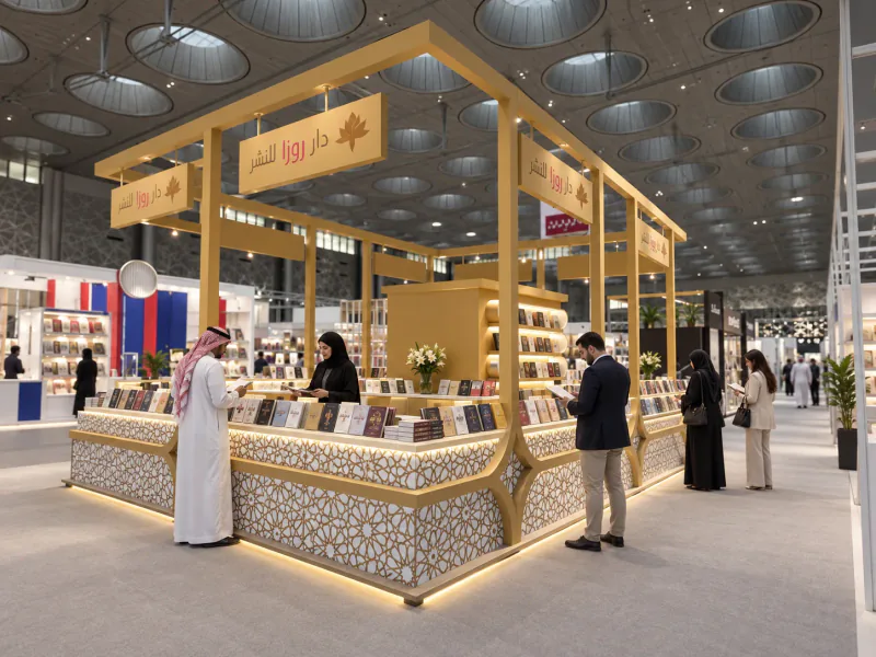 Visualization of the completed Roza Publishing book-fair stand with gold framework, patterned white counters and adult visitors browsing books