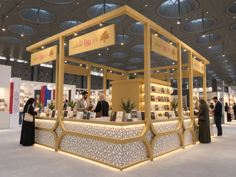Finished-stand visualization of Roza Publishing's gold open-frame booth with geometric counters, books and adult visitors
