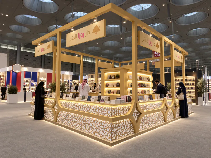 Visualization of the completed Roza Publishing book-fair stand with gold framing, geometric counters, stocked shelves and visitors browsing