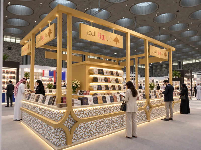 Opposite three-quarter visualization of the completed Roza Publishing stand, showing the long gold-framed counter and rounded book display shelves