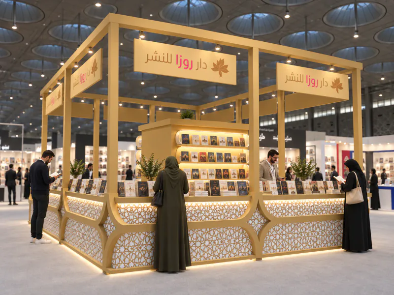 Alternate near-frontal visualization of Roza Publishing's gold-framed book-fair stand with illuminated capsule shelves and adult visitors