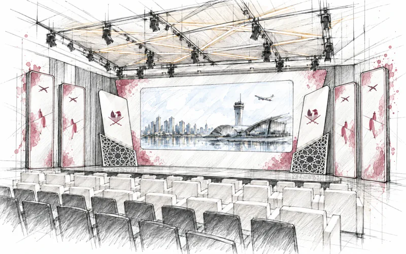 Concept sketch of the stage and seating for the Qatar Civil Aviation Authority strategy launching ceremony