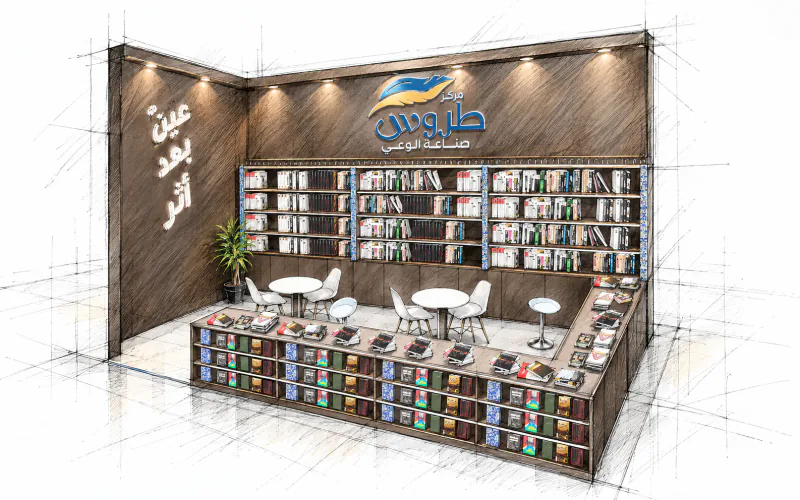 Concept sketch of the Torous Publishing exhibition stand at Doha International Book Fair 2026, shown from a reimagined viewpoint
